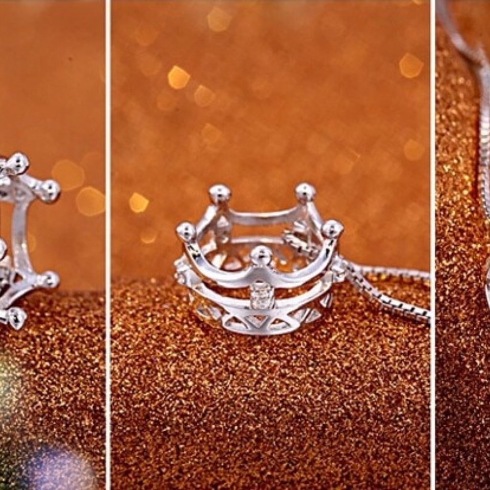 NEW 925 Sterling Silver Diamond Crown Necklace K - Picture 7 of 7
